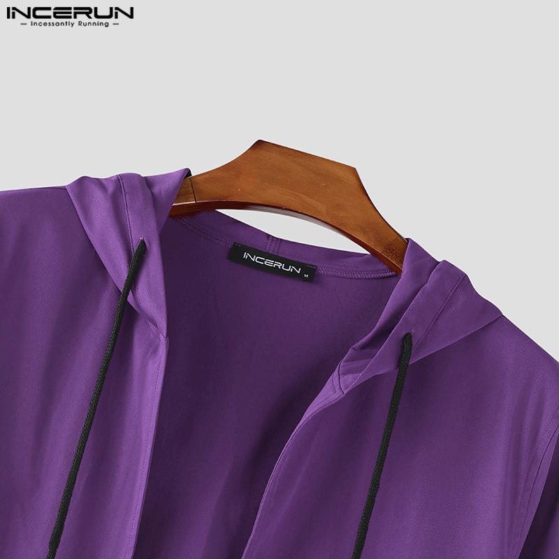 INCERUN Men Collarless Long Sleeve Open Front Long Hooded Cardigan Coats Windbreaker