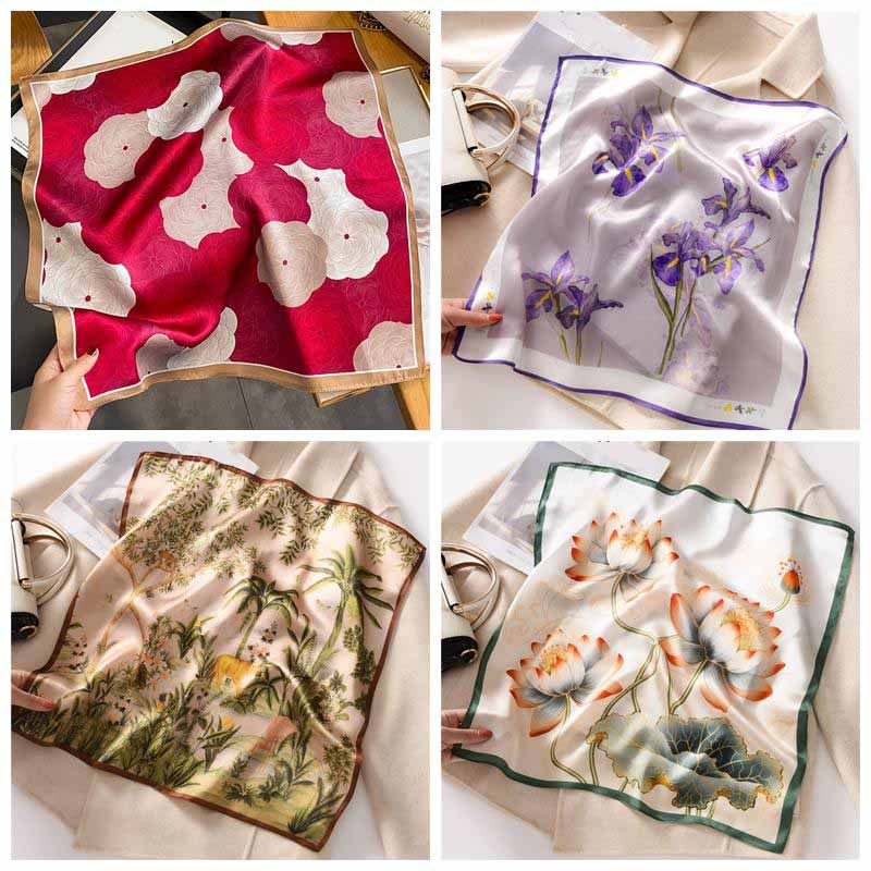 53x53cm 100% Mulberry Silk Scarf Luxury Square Hair Bandana Elegant Head Wrap Neckerchief Sunscreen Shawl for Women