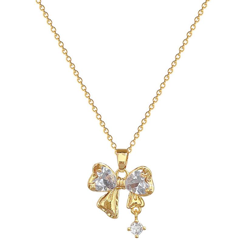Titanium Steel Pink Zircon Bow Slightly Inlaid Zircon Amethyst Four-Leaf Flower Pendant Titanium Steel Collarbone Chain Jewelry