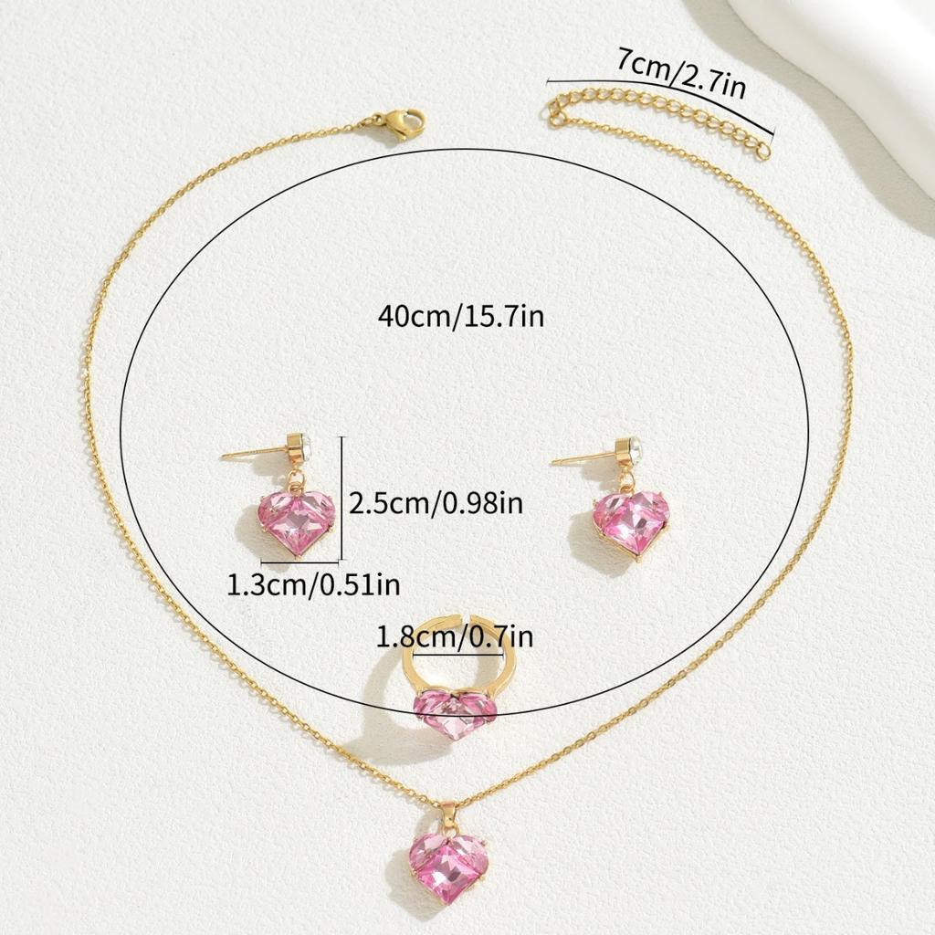 Ins Japan and Korea Cute Wind Women's Ring Necklace Set Niche Love Inlaid Zircon Design Stud Earrings Collarbone Chain