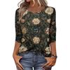 Trendy Vintage 3/4 Sleeve Top For Women ,Ladies Casual Three Quarter Sleeve Round Collar Printed T-Shirt Blouse