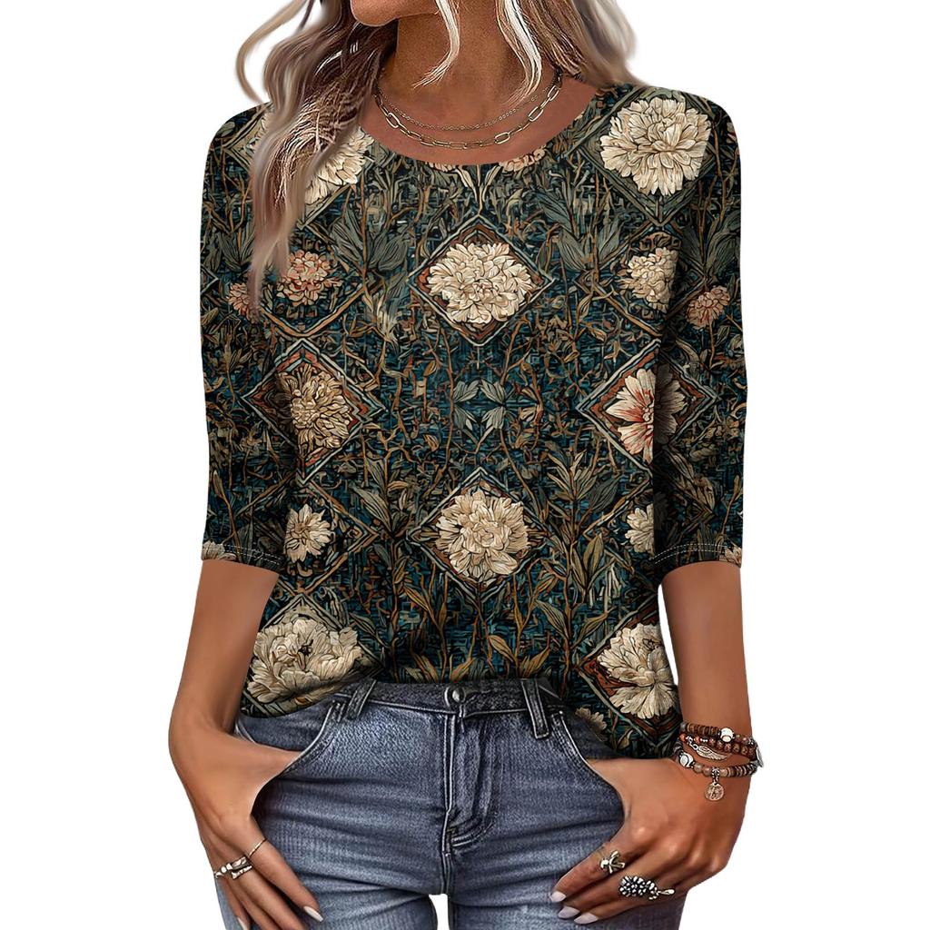 Trendy Vintage 3/4 Sleeve Top For Women ,Ladies Casual Three Quarter Sleeve Round Collar Printed T-Shirt Blouse