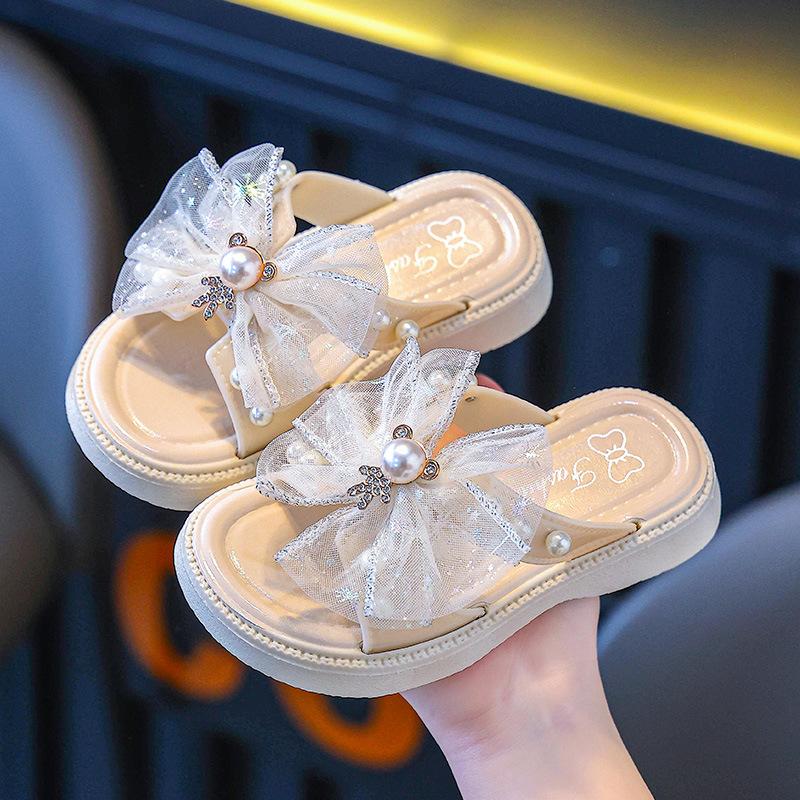 

Тапочки из кружевной сетки для девочек, летние новые туфли принцессы с мягкой подошвой и жемчугом Bao Head для девочек, сандалии для девочек 36 белый