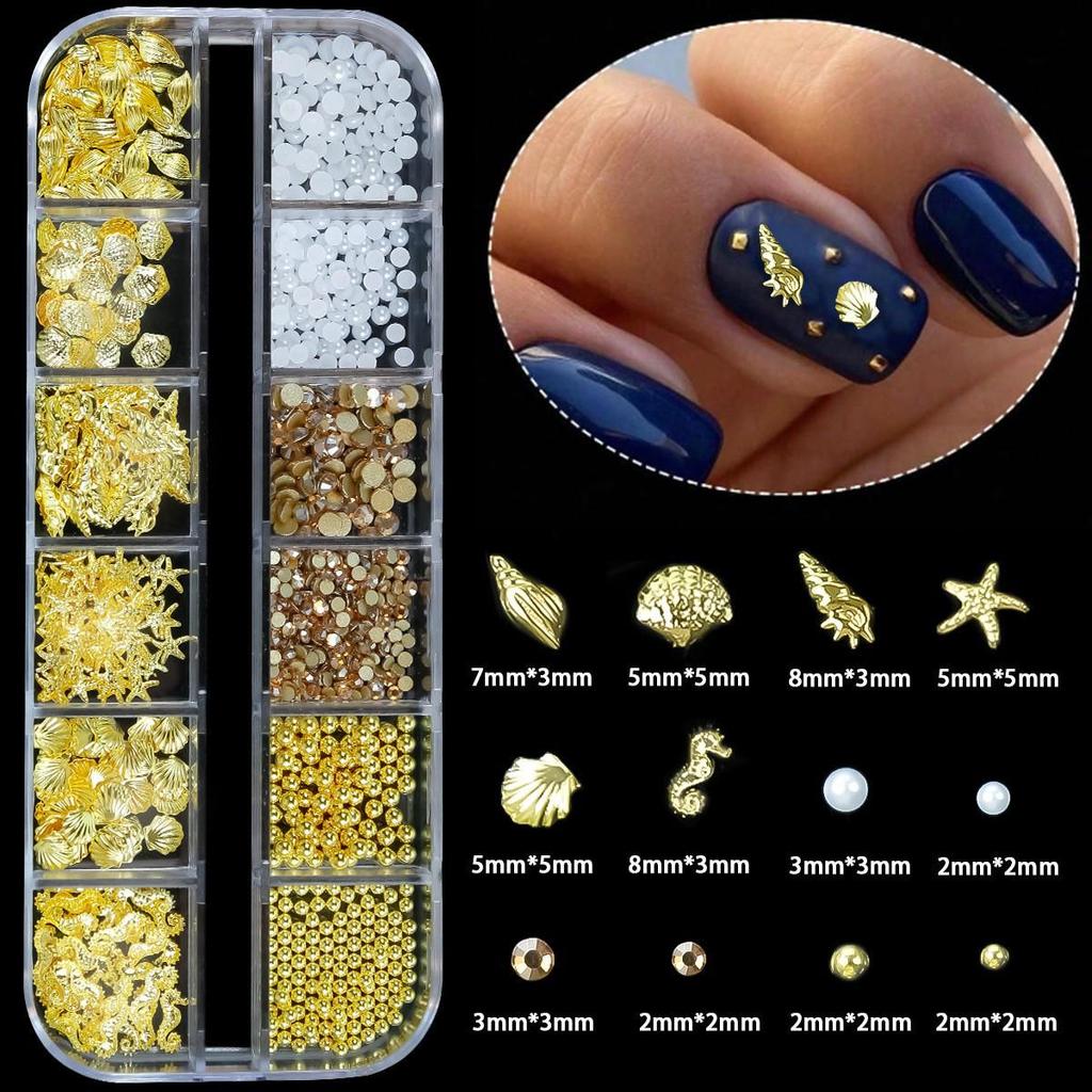 12-Grid Boxed Nail Art Ornaments: Seashell, Starfish, Bow, and Metal Rivets