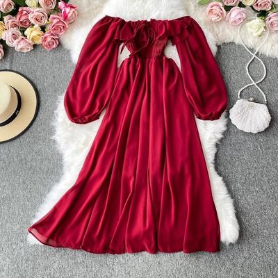 Nazik Stil Elbise Sonbahar İlkbaharYeni Kadın Fransız Retro Kare Yaka Yabancı Stil Kabarcık Kollu Şifon Elbiseler