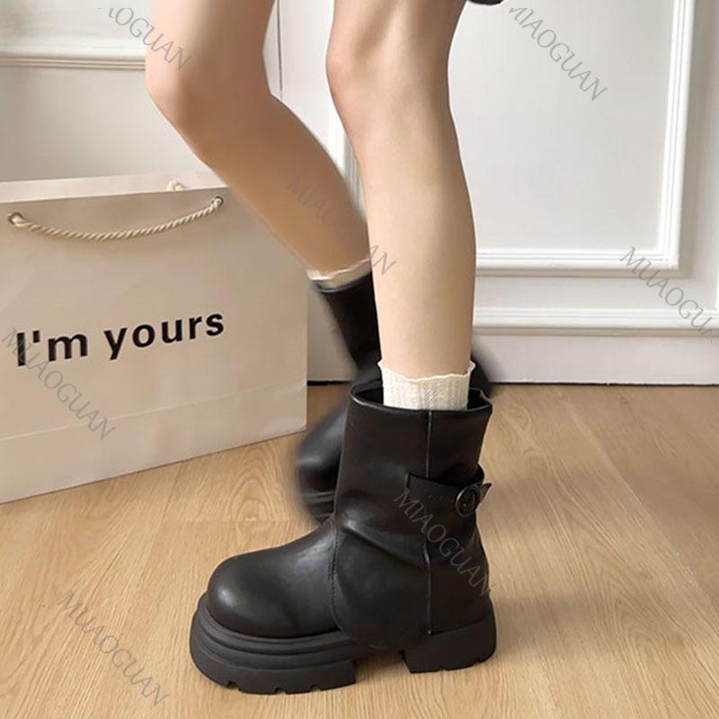 Fashion Retro Thick Bottom Pleated Wrinkled Women Ankle Boots Height Increase Versatile Casual Women Shoes Solid Thick High Heeled Botas