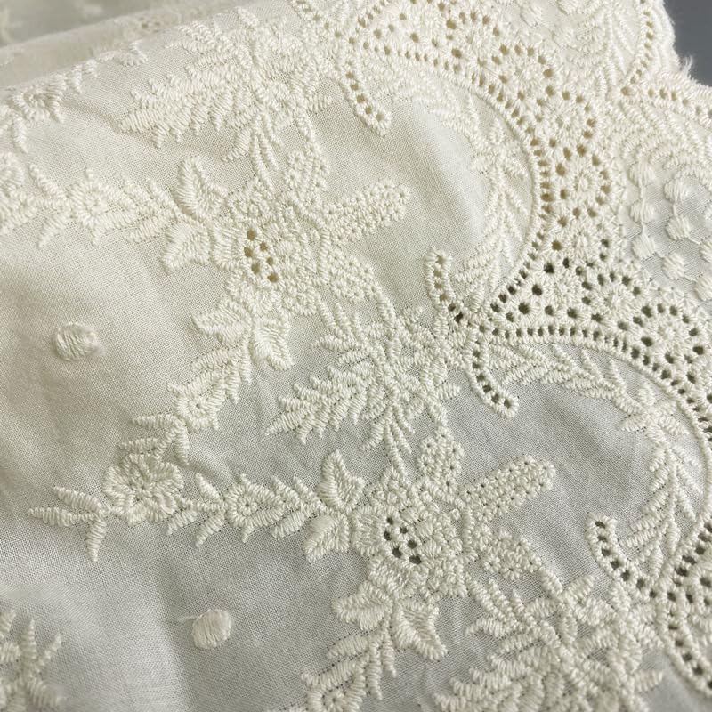 43cm wide x 180cm long vintage eyelet floral embroidered cotton lace fabric (beige)