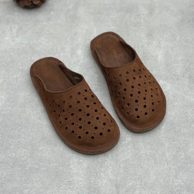 Johnature Handmade Cowhide Slippers Round Toe Flat Hollow-out Breathable Genuine Leather Slides