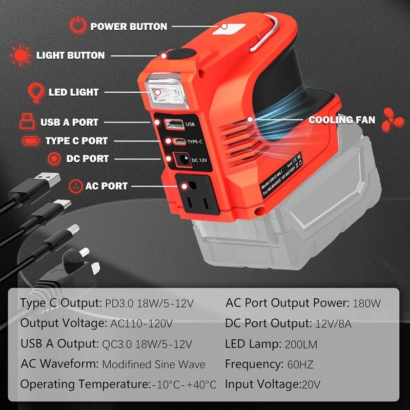 Wechselrichter Konverter 180W Power Inverter Für Dewalt Für Makita/Bosch/Milwaukee 18V Akku Mit LED-Licht Inverter Stromstation