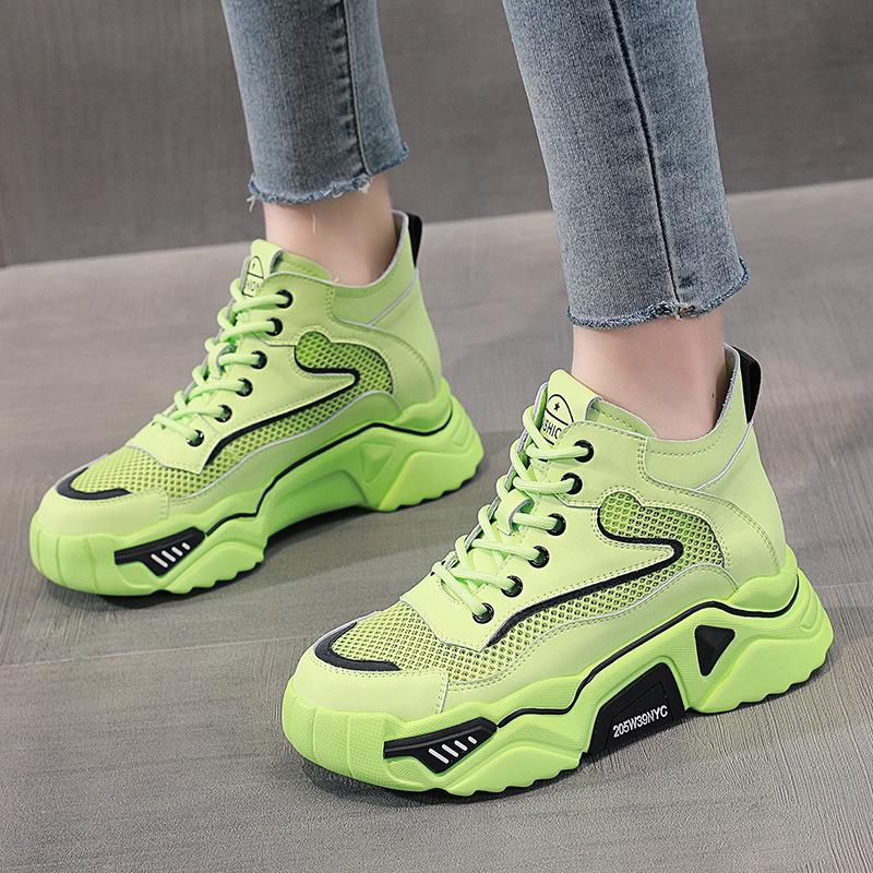 2026 summer thickness increase breathable mesh leather ins high-top casual dad shoes women hollow mesh
