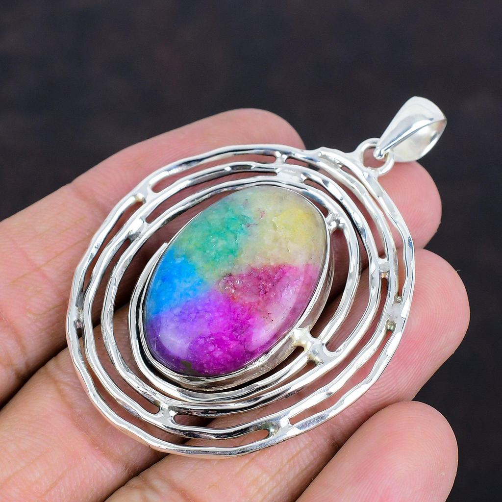 Rainbow Solar Quartz Druzy Pendant Natural Gemstone Pendant 925 Sterling Silver Pendant Decent Pendant Wedding Gifts Handmade Silver Jewelry