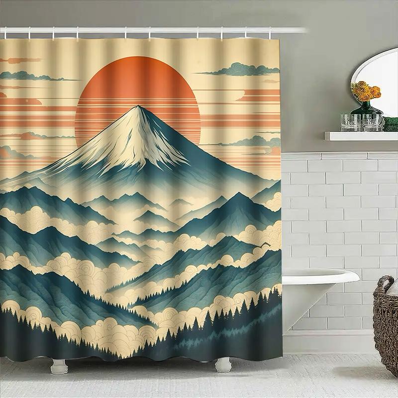 Style Mount Fuji Shower Curtain Japanese Landscape Art With Sunset And Layered Mountains Bathroom Decor For Zen Ambiance