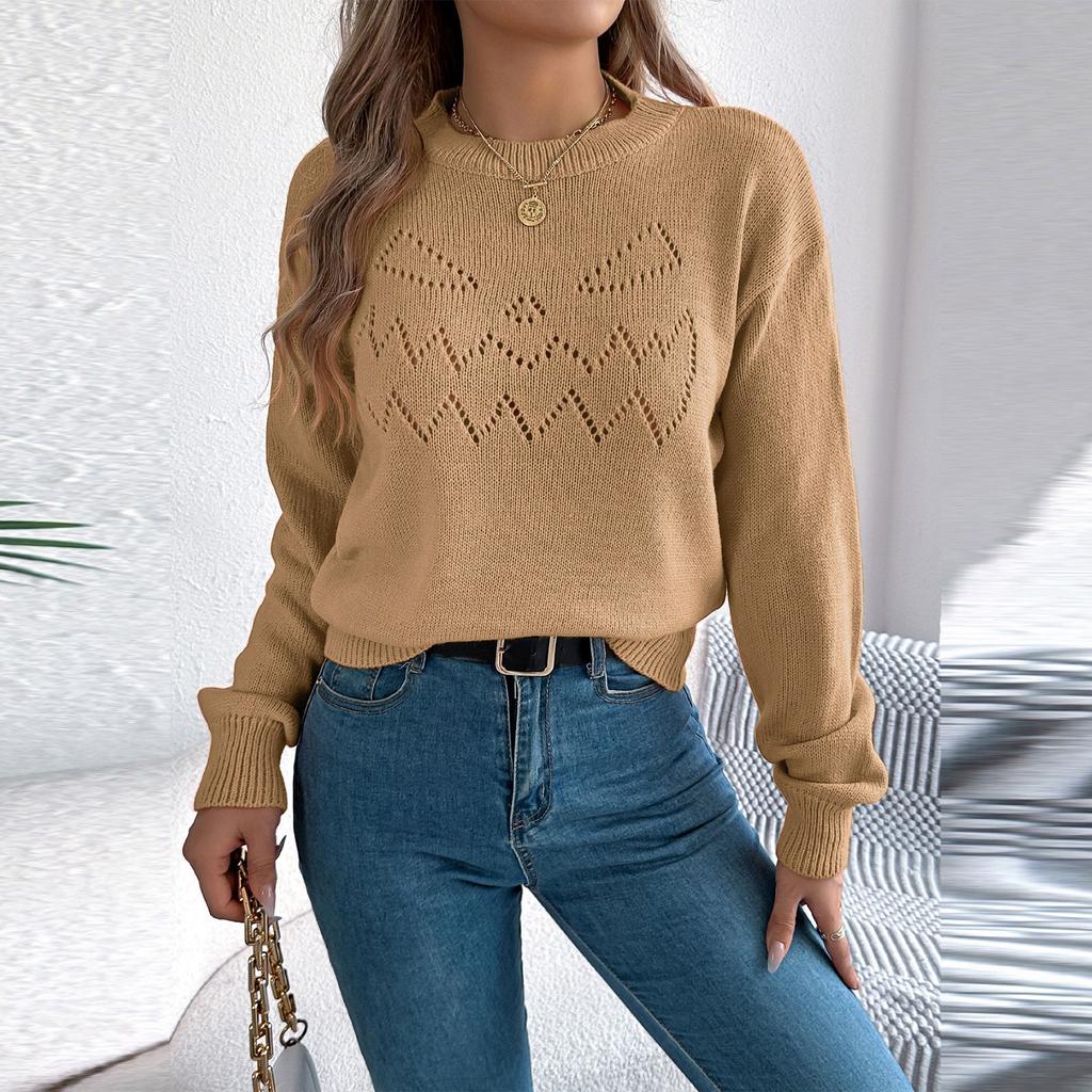 Dame ensfarget rund hals mesh lange ermer pull-over genser