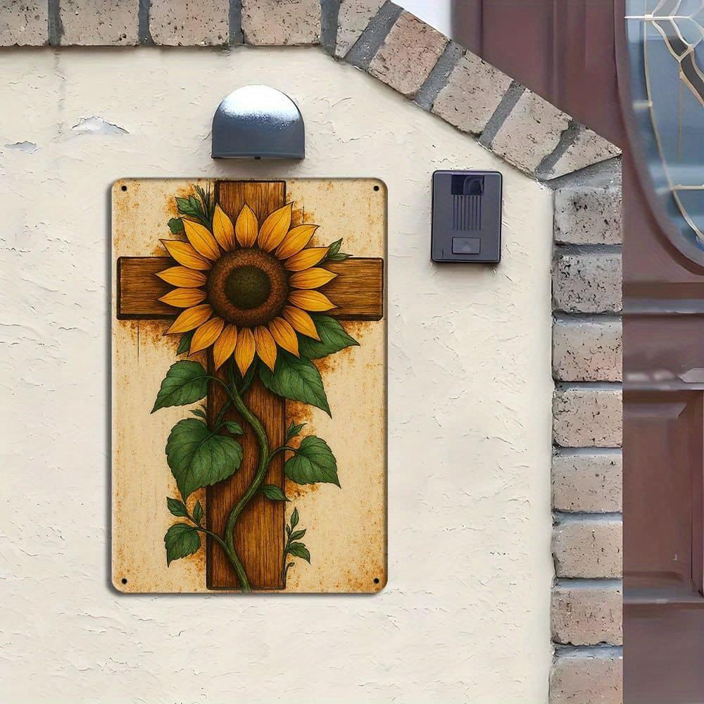 Vintage Sunflower Cross Metal Sign, 8x12 Inch.