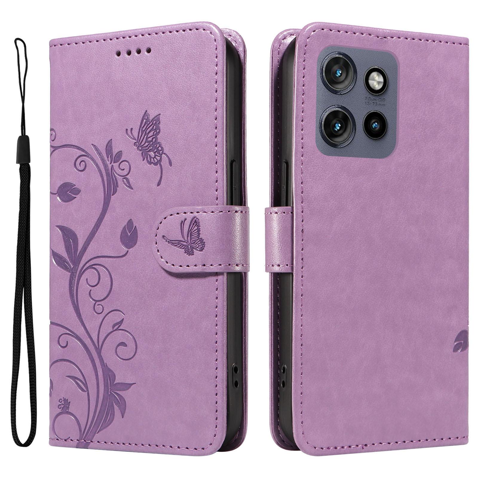 

For Motorola Edge 50 Neo 5G/Moto S50 5G/Thinkphone 25 5G PU Leather Cases Flower Pattern Wallet Stand Phone Cover with Strap Light Purple