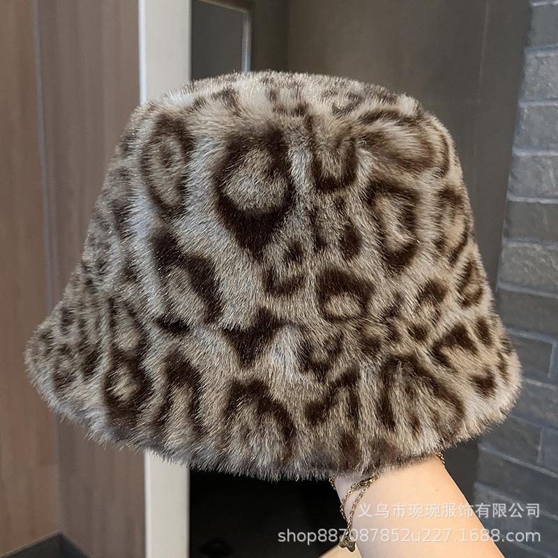 Leopard print winter thickened fluffy basin hat warm women's autumn and winter fashion versatile leopard print imperial sister plush bucket hat