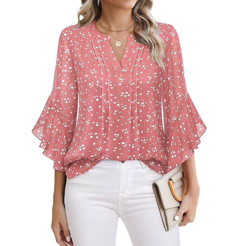 My Garderobe Authorization Damenblusen Chiffon Rüschen Kurzarm V-Ausschnitt Business Casual Tops Sommer süßes Hemd