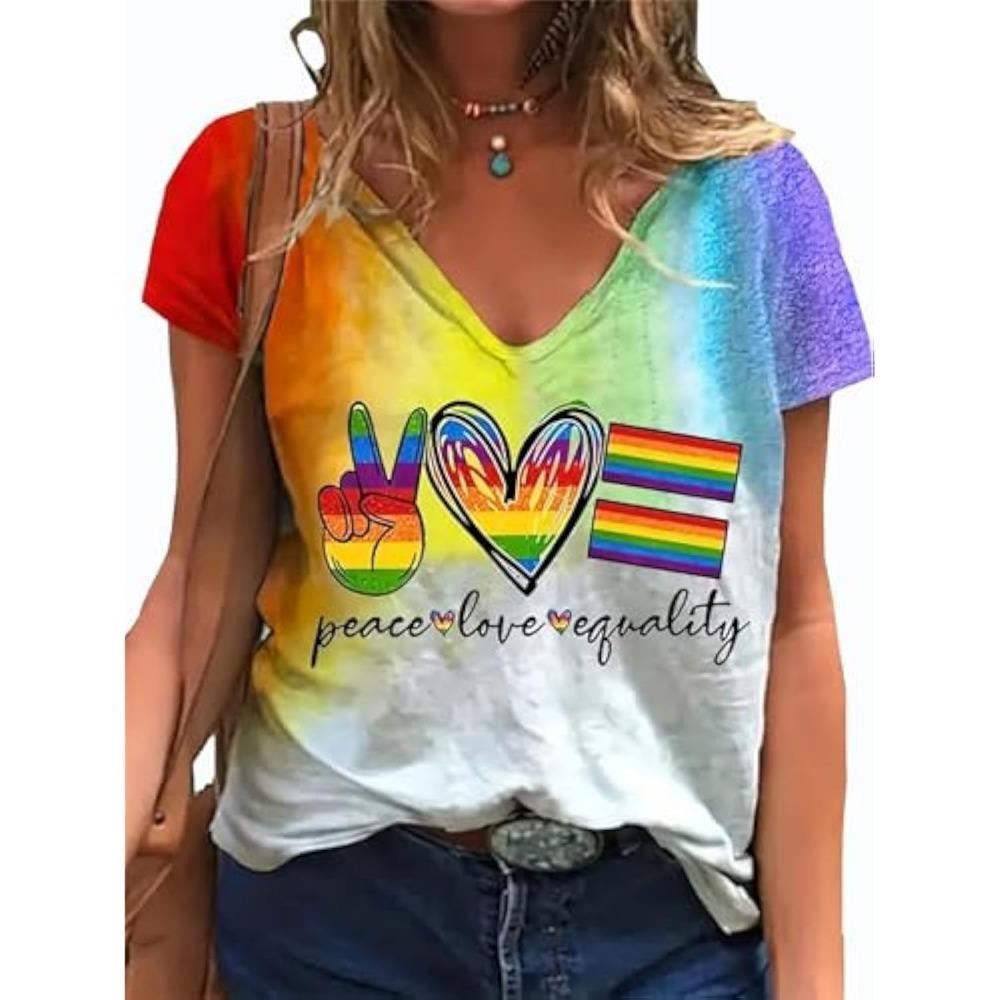 Camisetas Con Estampado 3D De Corazón De Arcoíris Para Mujer, Camiseta Informal De Manga Corta Con Cuello En V Y2k Harajuku LGBT Pride, Ropa Femenina