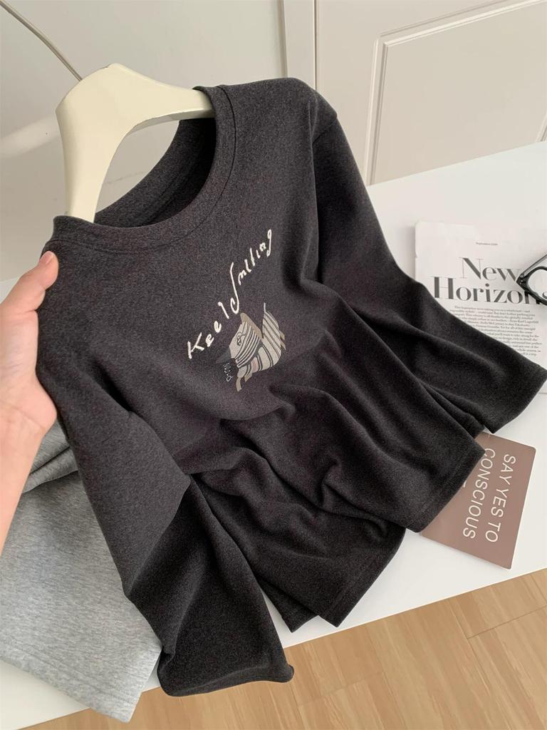 Women's Plus Size Dark Grey Little Horse Print Velvet T-Shirt - Warm Brushed Base Layer for Autumn/Winter