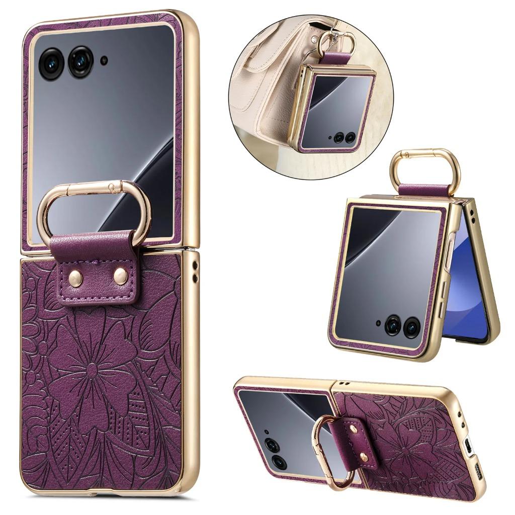 Coque de téléphone anti-chute à motif floral en relief pour Motorola Razr 70 60 50 Ultra avec boucle anneau Housse de protection antichoc plaquée