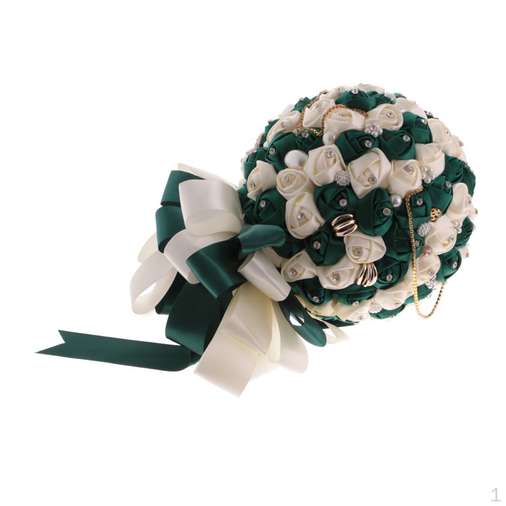 

Bridal Bouquet Hand Tied Artificial Silk Rhinestone Ribbon Lace Wedding Party Rose Holding Flowers зелений
