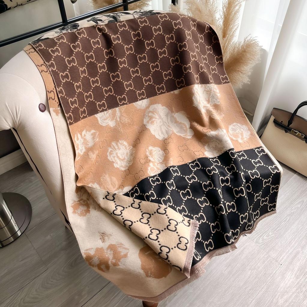 Short Beard Tassel Korean Version Of The Letter Camellia Splicing Fashion Versatile Confident Women Imitation Cashmere Thickened Scarf