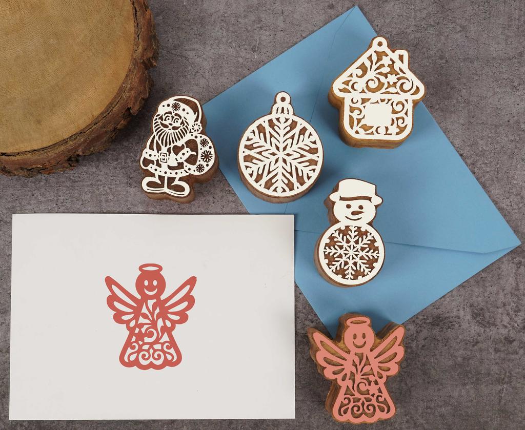 IBA Indianbeautifulart Textile Printing Block Christmas Theme Ornaments Hand Carved Wooden Stamp Wood Block Printing Textile