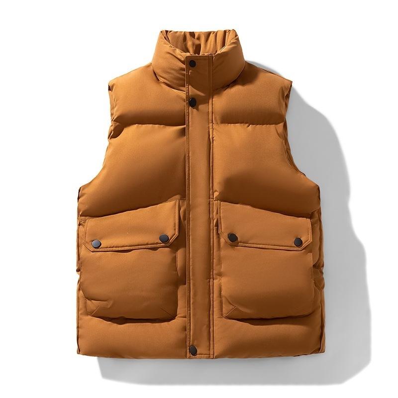 Men's Stand Collar Quilted Puffer Vest Snap Button Zip Up Sleeveless Padded Jacket With Pockets Thick Winter Outerwear