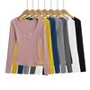Spicy Girl Ribbed Peach V-neck Buttoned Slimming Long-sleeve T-shirt for Women - Spring 2025 Collection