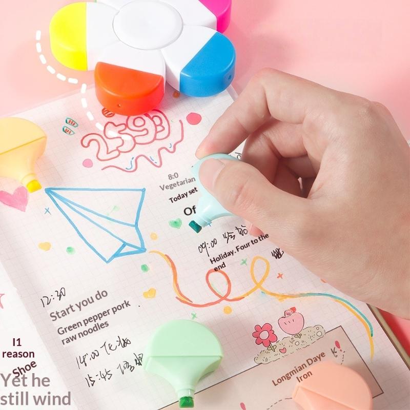 1Pcs Flower Shape Watercolor Colors 5-In-1 Fluorescent Pens Fingertip Spiral Highlighter Pen For School Office Stationery