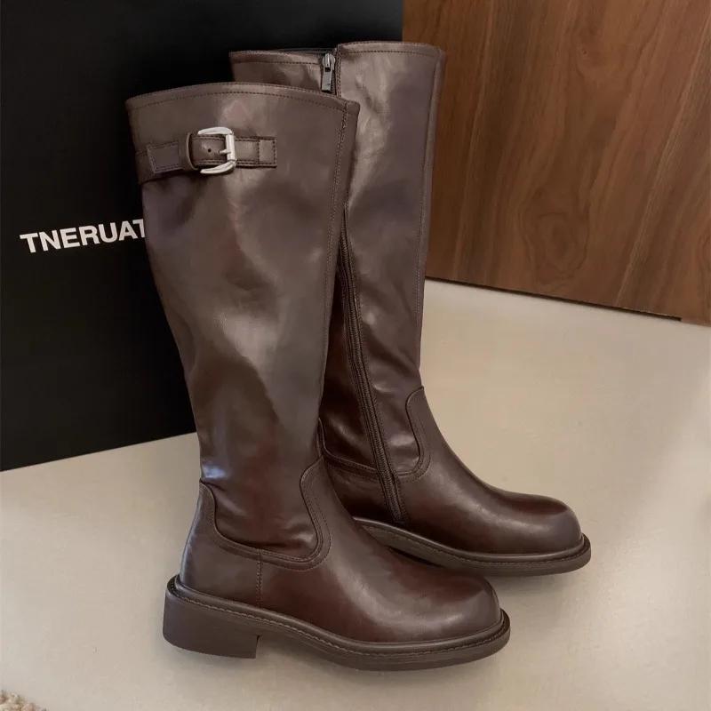 Mid-calf Square Heel Modern Boots Winter Round Toe Women's Shoes on Sale 2024 Low Heel Belt Buckle Concise Women's Boots