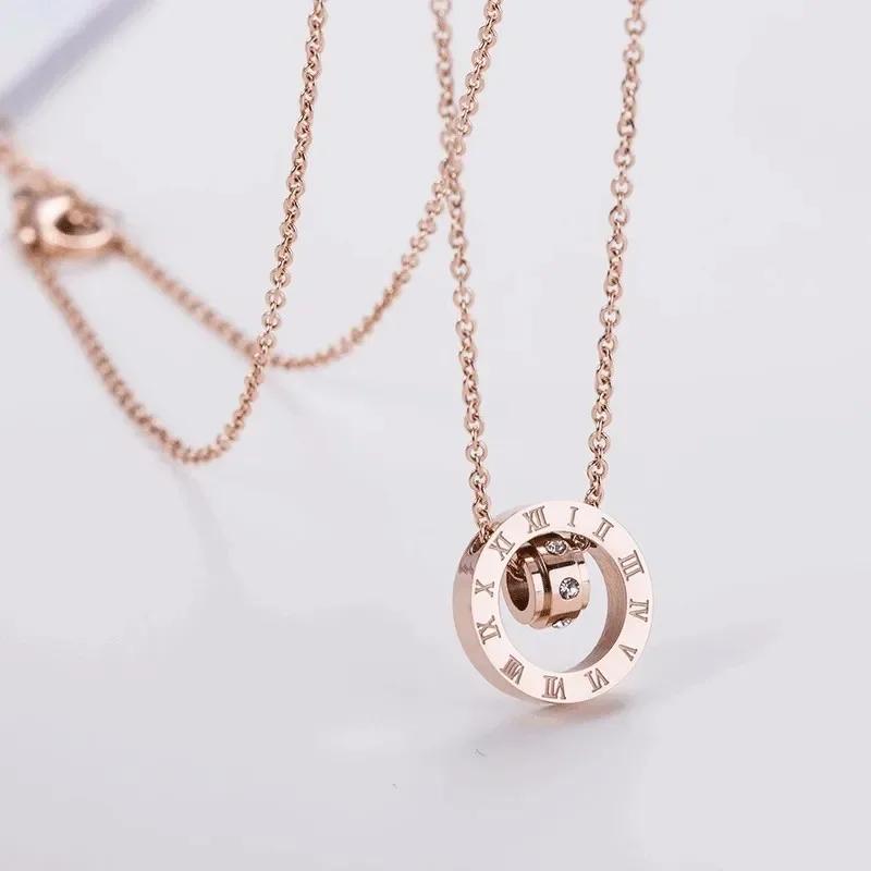 Collares Con Colgante Women's Fine Titanium Steel Jewelry Roman Numeral Circular Pendant Necklace Collarbone Chain Accessories