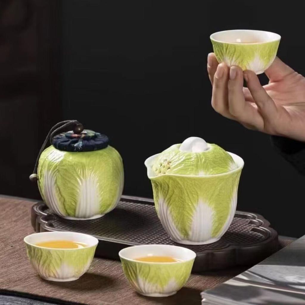 Creative Ceramic Cabbage Tea Caddy, Mini Portable Sealed Jar for Travel and Food Storage