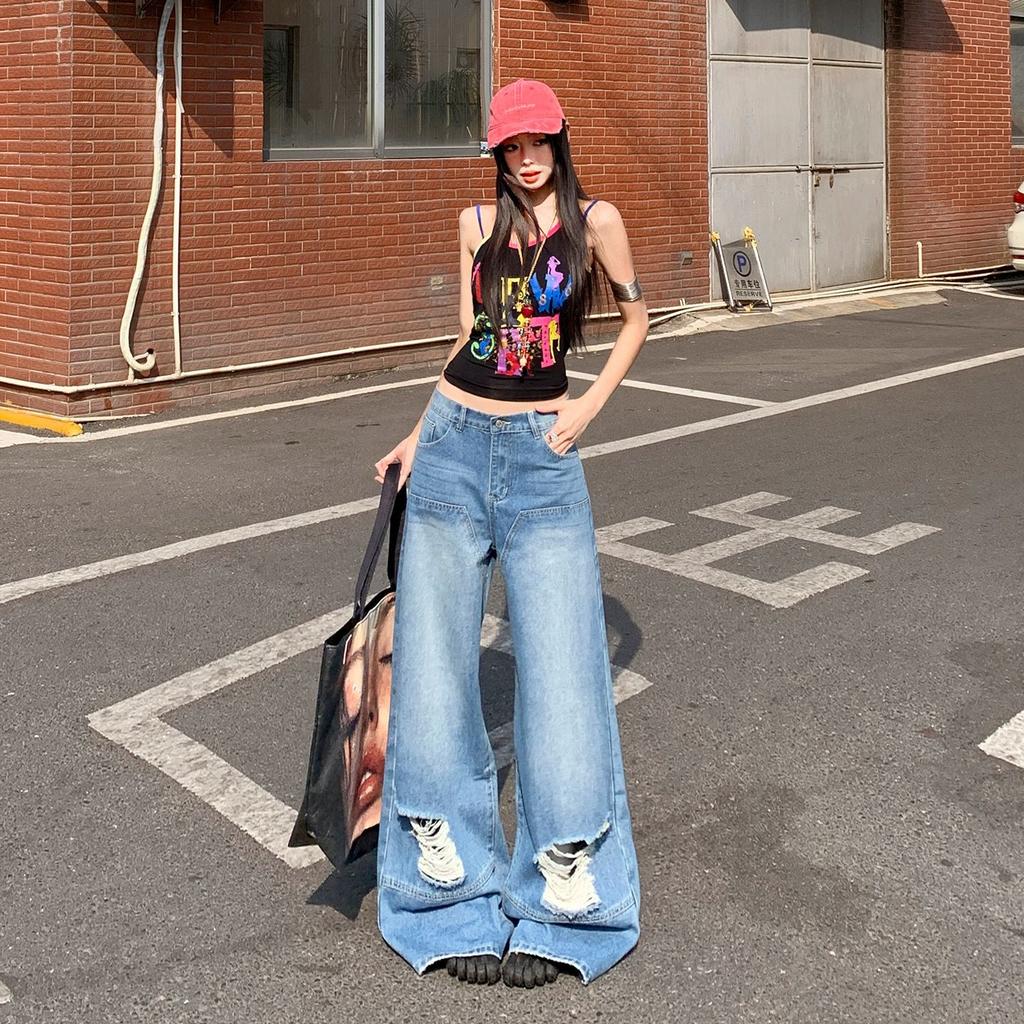 Spring Summer Sweet Street Hide Hip Lazy Ripped Wide Leg Denim Pants For Ladies Casual Pants Oversize Denim Trousers