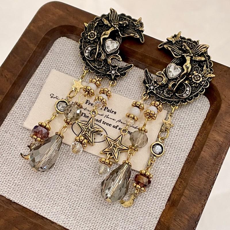 Medieval High-quality Heavy Industry Exquisite Gold Moon Angel Crystal Fringed Earrings Enamel Antique Style Earrings Earrings