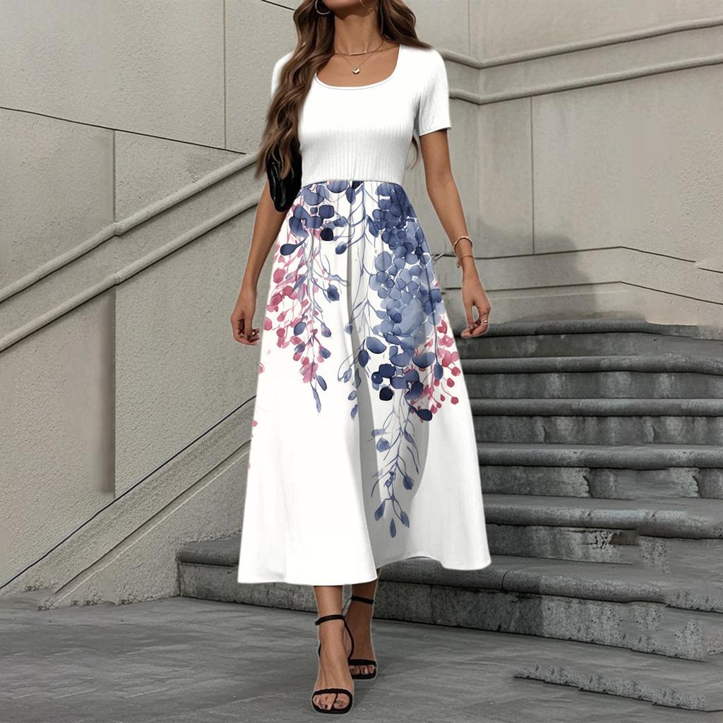 Women's Fashion Casual Short Sleeve Round Neck Splicing Floral Print Elegant Temperament Dress