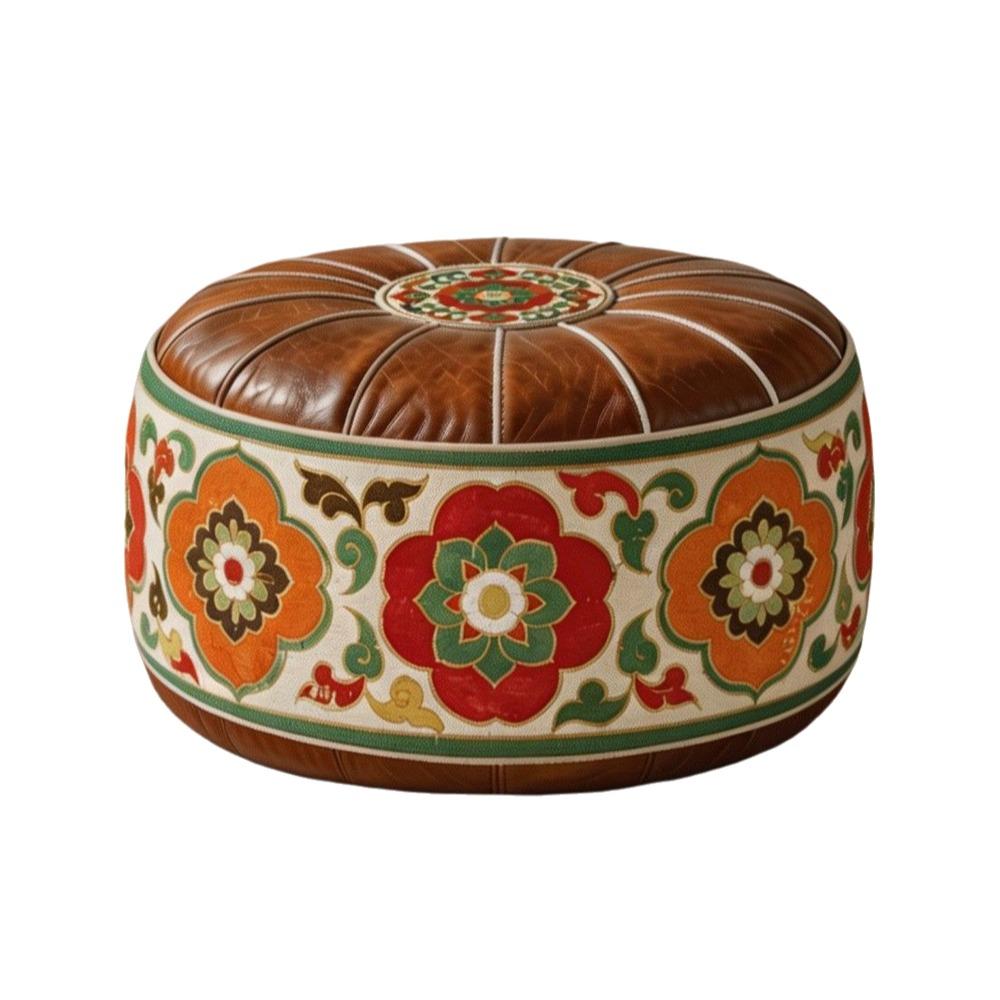 Boho Pattern Ottoman Pouf Fillable Design Large Opening Storage Ottoman PU Leather Water Resistant Footstool Cover Living Room