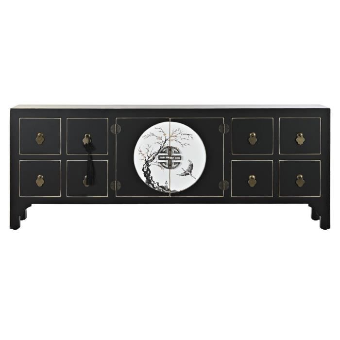 Meuble TV Oriental Noir Sapin Métal MDF 130cm - Marque Inconnue - 8 Tiroirs 2 Portes