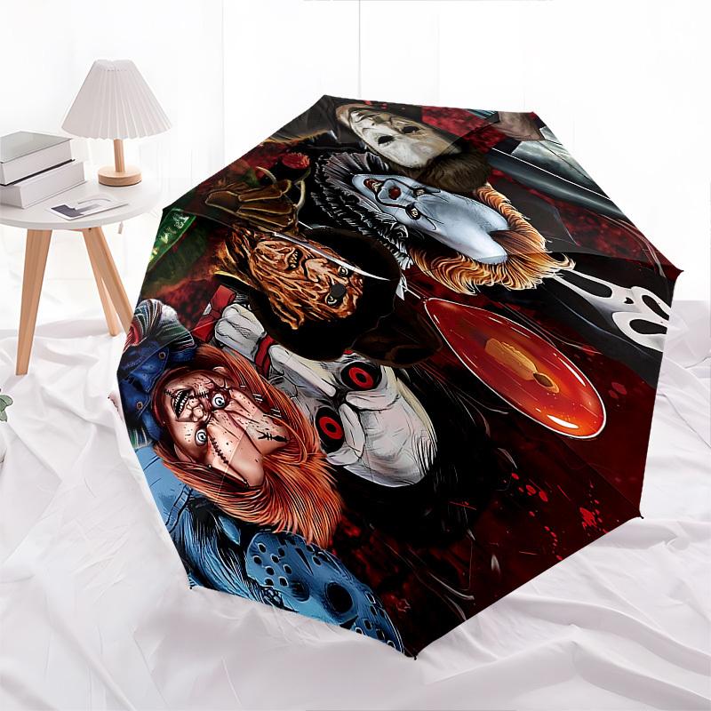 Horror Icons Themed Automatic Opening and Closing Umbrella, Brightly Colored 8-rib Portable Umbrella, Suitable for Men and Women, A Perfect