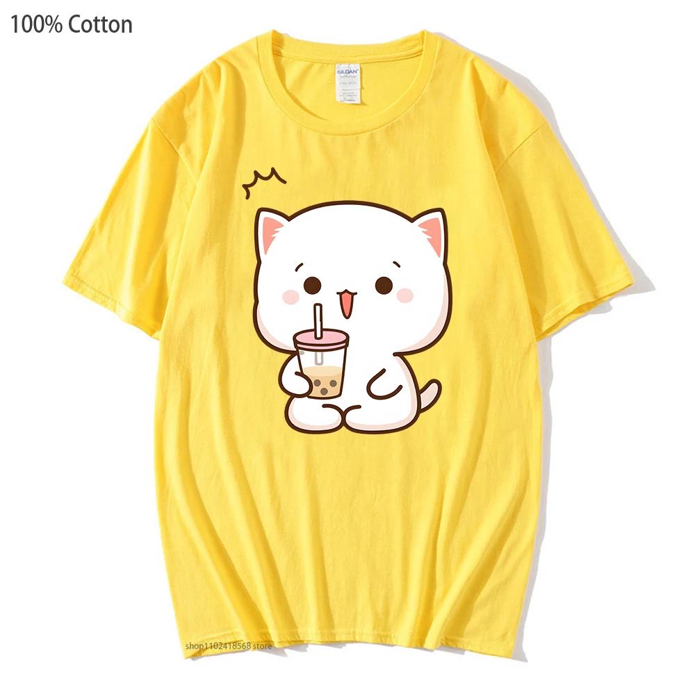Camisetas Estampadas Gato Pêssego Femininas Mochi Bebida Chá de Bolhas Camiseta Desenho Animado Kawaii Tops para Meninas 100% Algodão Camisetas Roupas Gráficas Fofas
