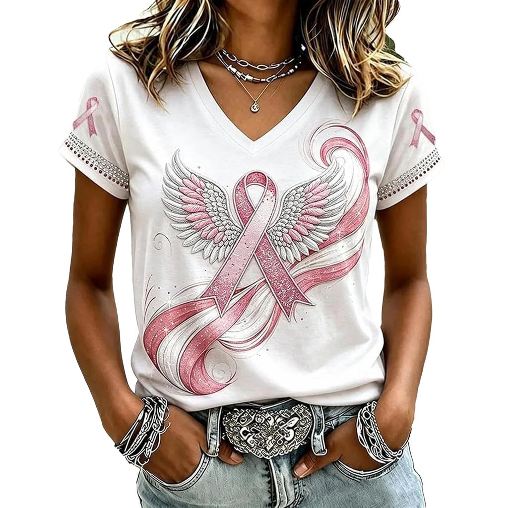 Women's Casual V-Neck Short Sleeve Printed Pullover T-Shirt for Everyday Wear