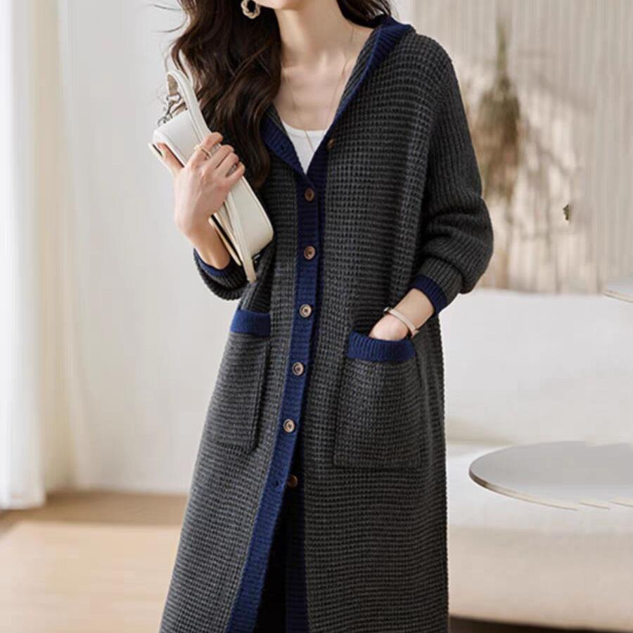 Autumn and Winter Knitted Color Matching Hooded Cardigan Women's New Knee-length Loose Twist Thickened Sweater Jacket