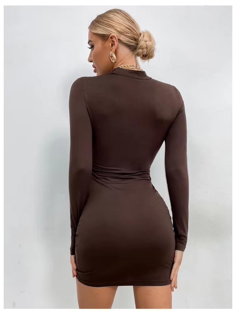 Sexy Mini šaty Bodycon zakrývající boky Dámská móda O-výstřih Dlouhý rukáv Šaty pro ženy Elegantní Štíhlé Řasení LaAe Up Vestidos