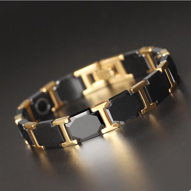 11mm Punk Rose Gold Color Black Ceramic Magnetic Health Bracelet Men Women Hiphop Stainless Steel Bike Therapy Bangle Jewelry