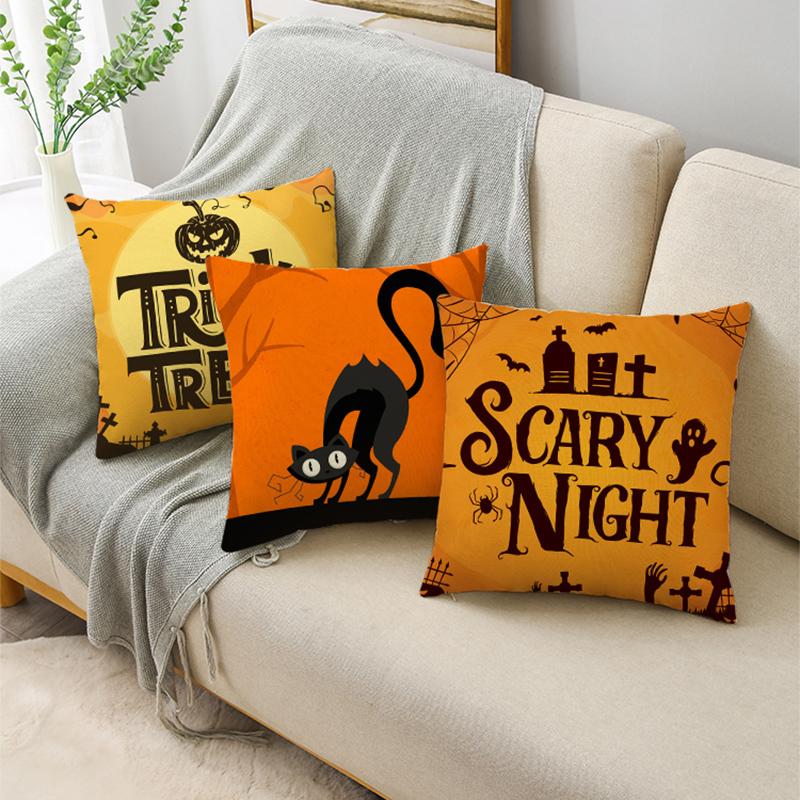 Orange Scary Halloween Night Witch Haunted House Linen Throw Pillowcase Decorative Cushion Cover For Sofa Livingroom Party