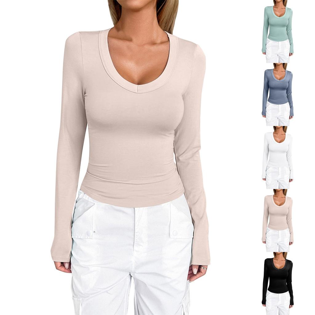 Women's Fashion Long Sleeve Solid Color Basic Pullover U Neck Top