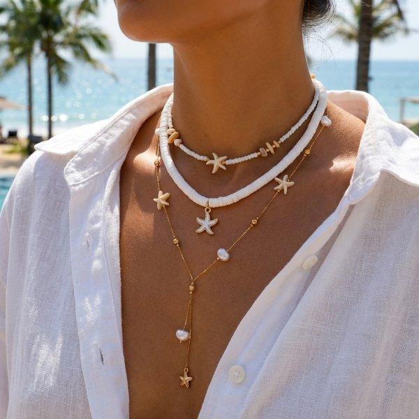 Boho Multilayer Shell Starfish Pendant Necklace Handmade Imitation Pearl Beaded Choker for Women Beach Party Jewelry Gift