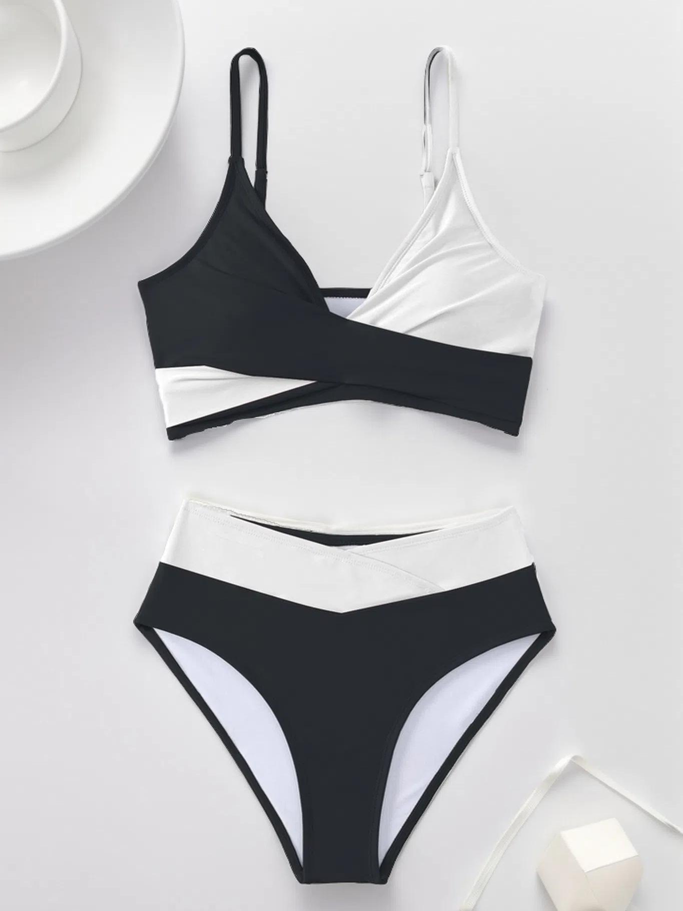 

V-образный вырез с высокой талией и перекрестными бретелями, цветной блок, открытая спина, бикини, пляжная одежда XL белый/чёрный