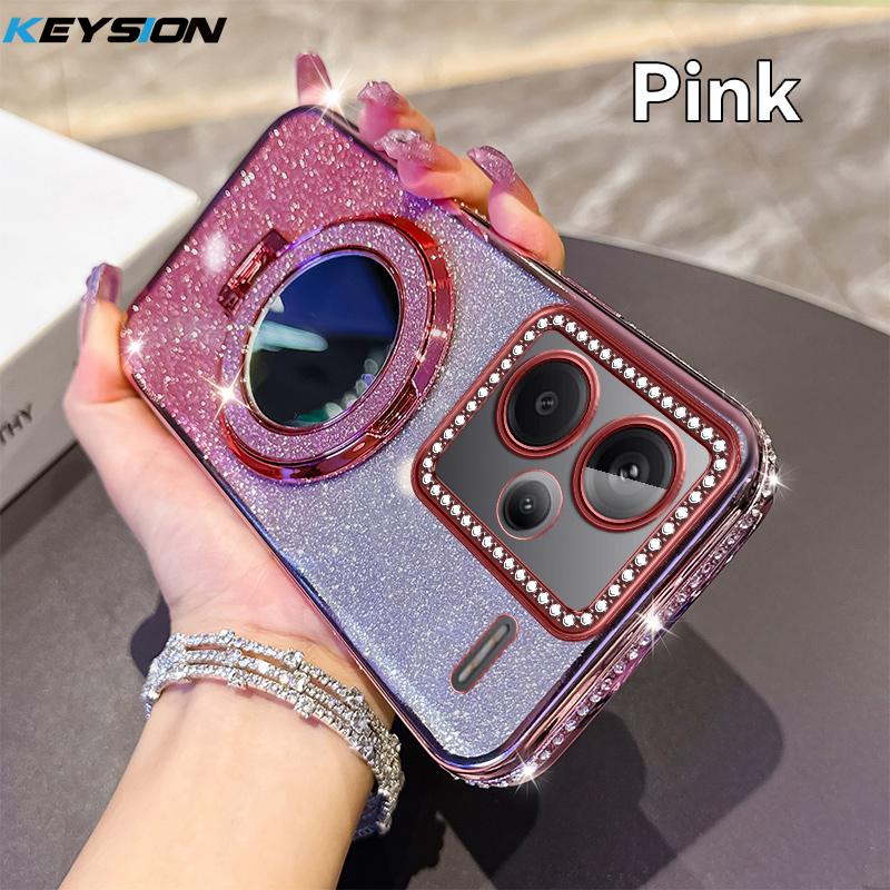 KEYSION Glitter Jewelled Magnetic Phone Case for Redmi Note 13 4G 13 Pro+5G Mirror Stand Shockproof Cover for Xiaomi POCO X6 M6 Pro