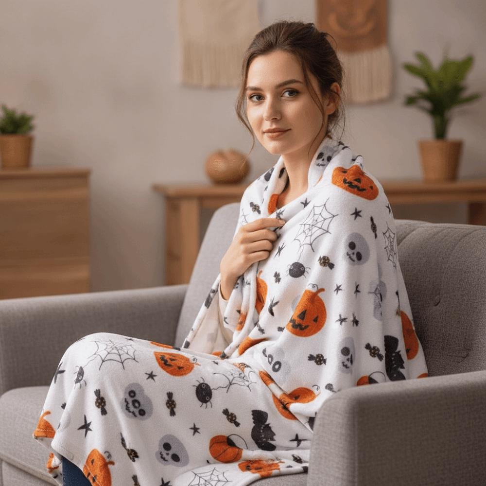 Soft Office Nap Blanket Bat Ghost Print Sofa Throw Blanket Halloween Flannel Blanket Travel